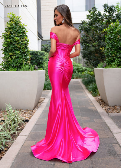Rachel Allan 70712 Satin Fitted Off Shoulder Slit Gown