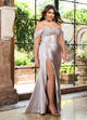 Rachel Allan 70712 Satin Fitted Off Shoulder Slit Gown