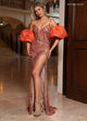 Rachel Allan 70716 Bead Print Puff Sleeve Slit Gown
