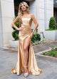 Rachel Allan 70720 Satin Fitted Strapless Slit Gown
