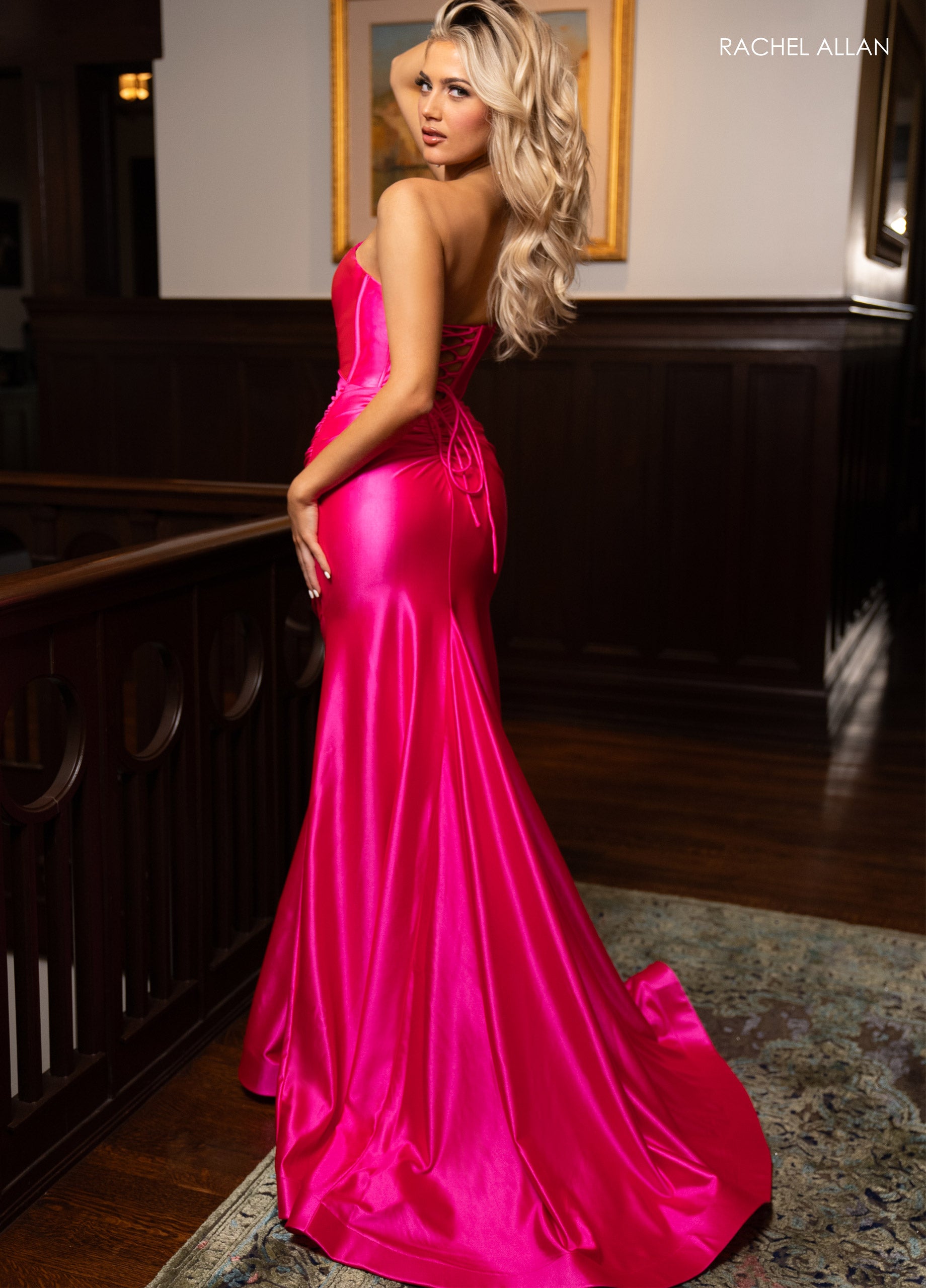 Rachel Allan 70720 Satin Fitted Strapless Slit Gown