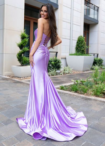 Rachel Allan 70720 Satin Fitted Strapless Slit Gown