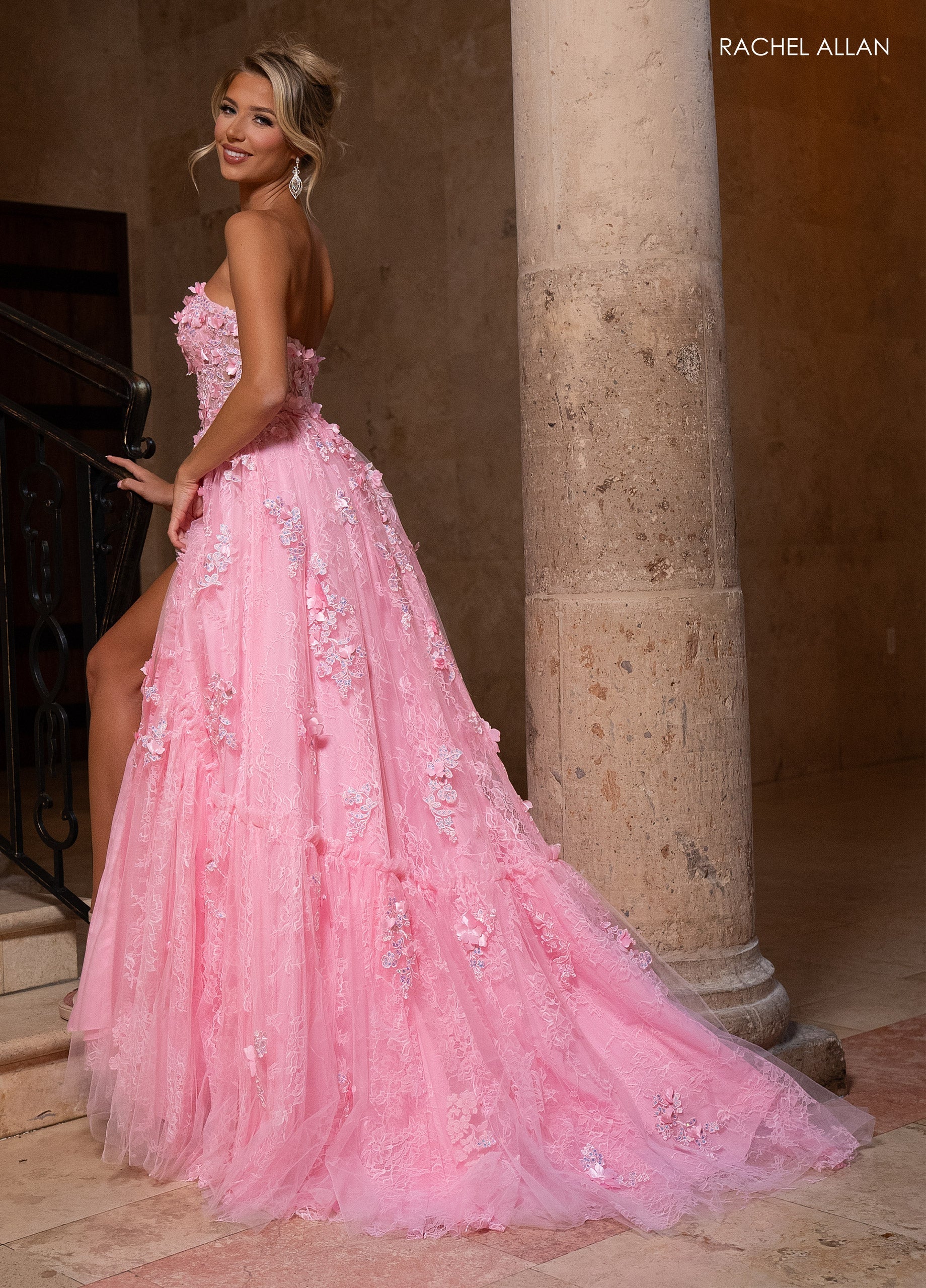 Rachel Allan 70724 3D Floral Strapless A-line Slit Gown