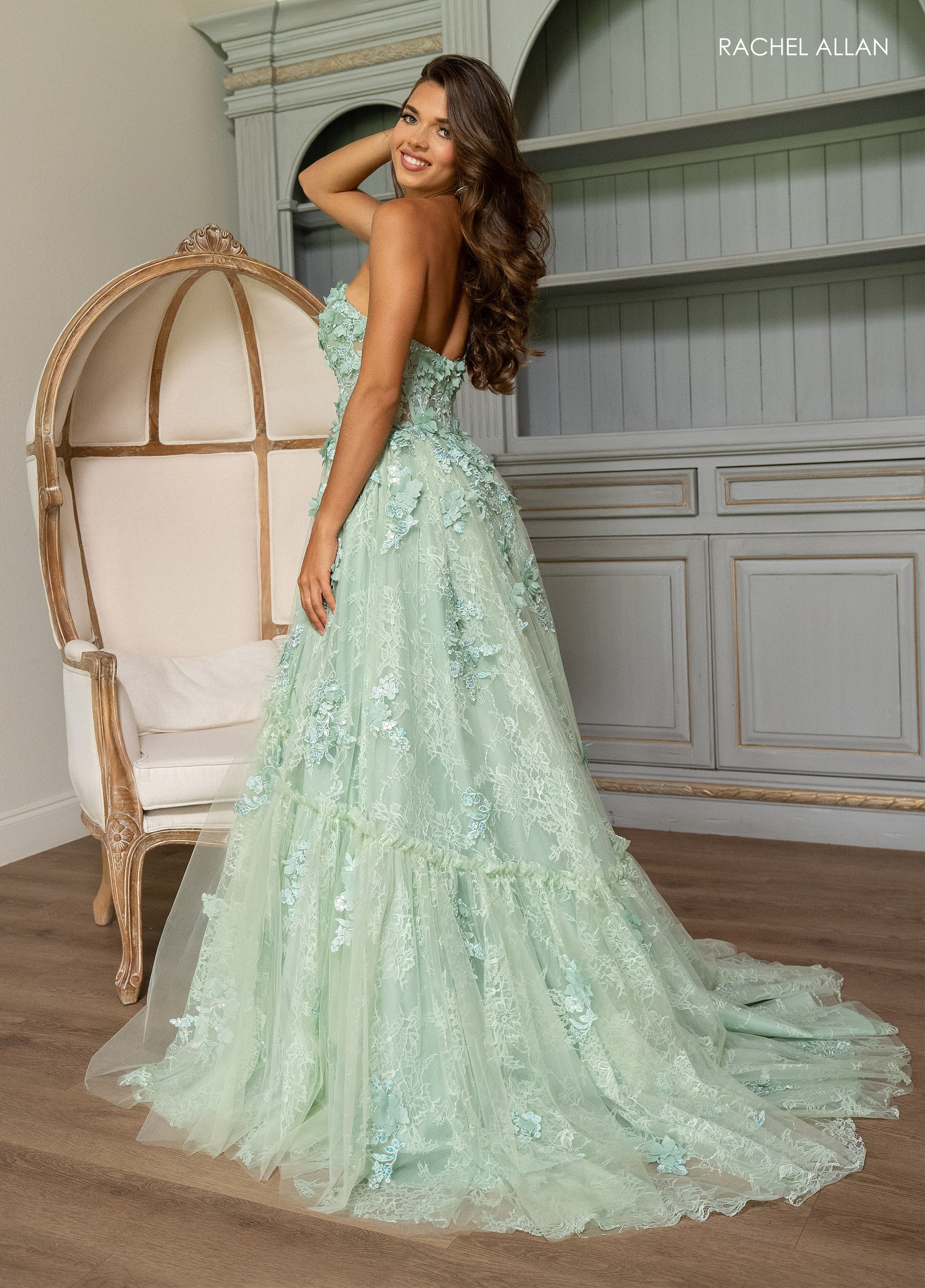 Rachel Allan 70724 3D Floral Strapless A-line Slit Gown