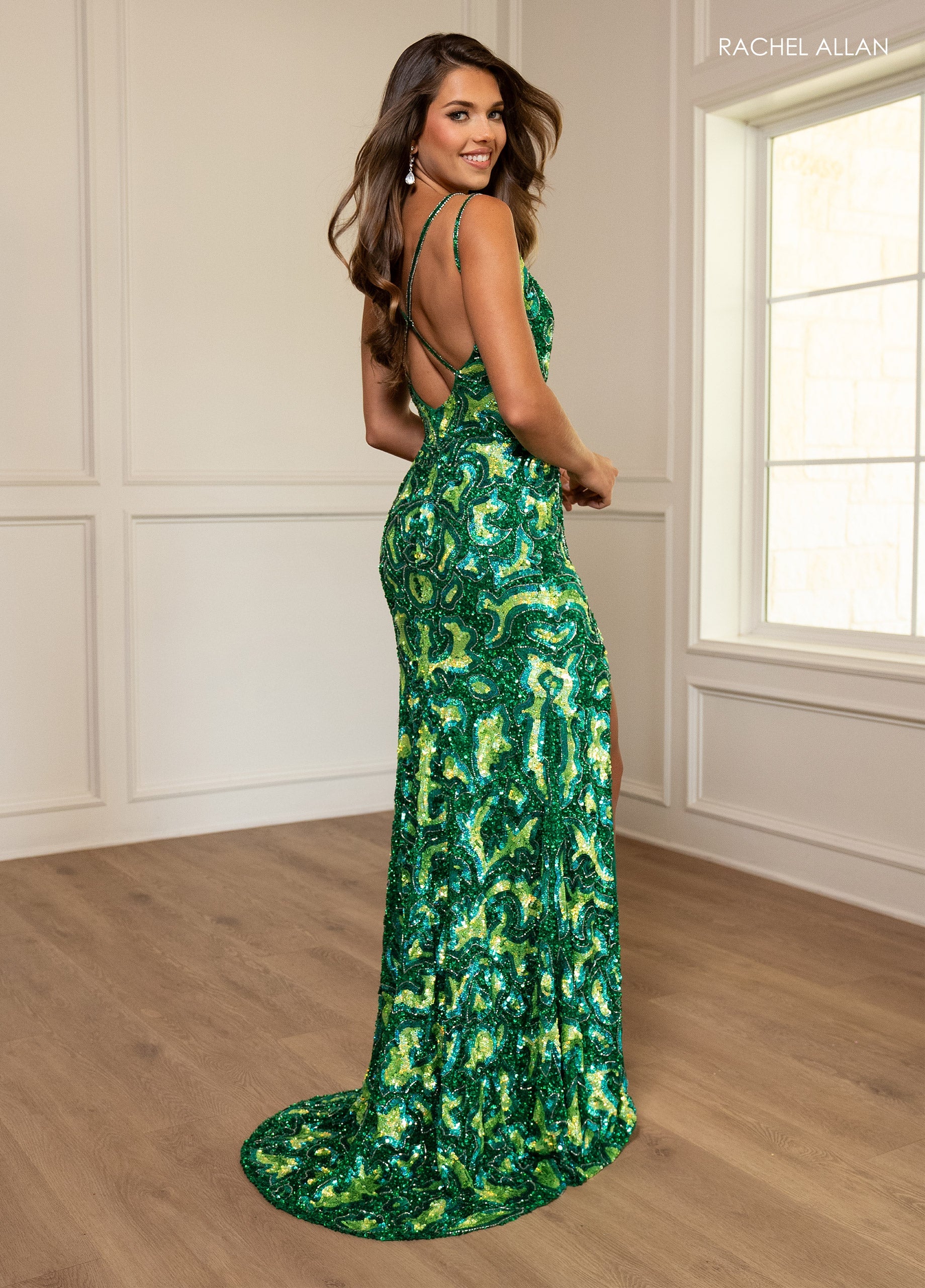 Rachel Allan 70725 Beaded Fitted V-Neck Slit Gown