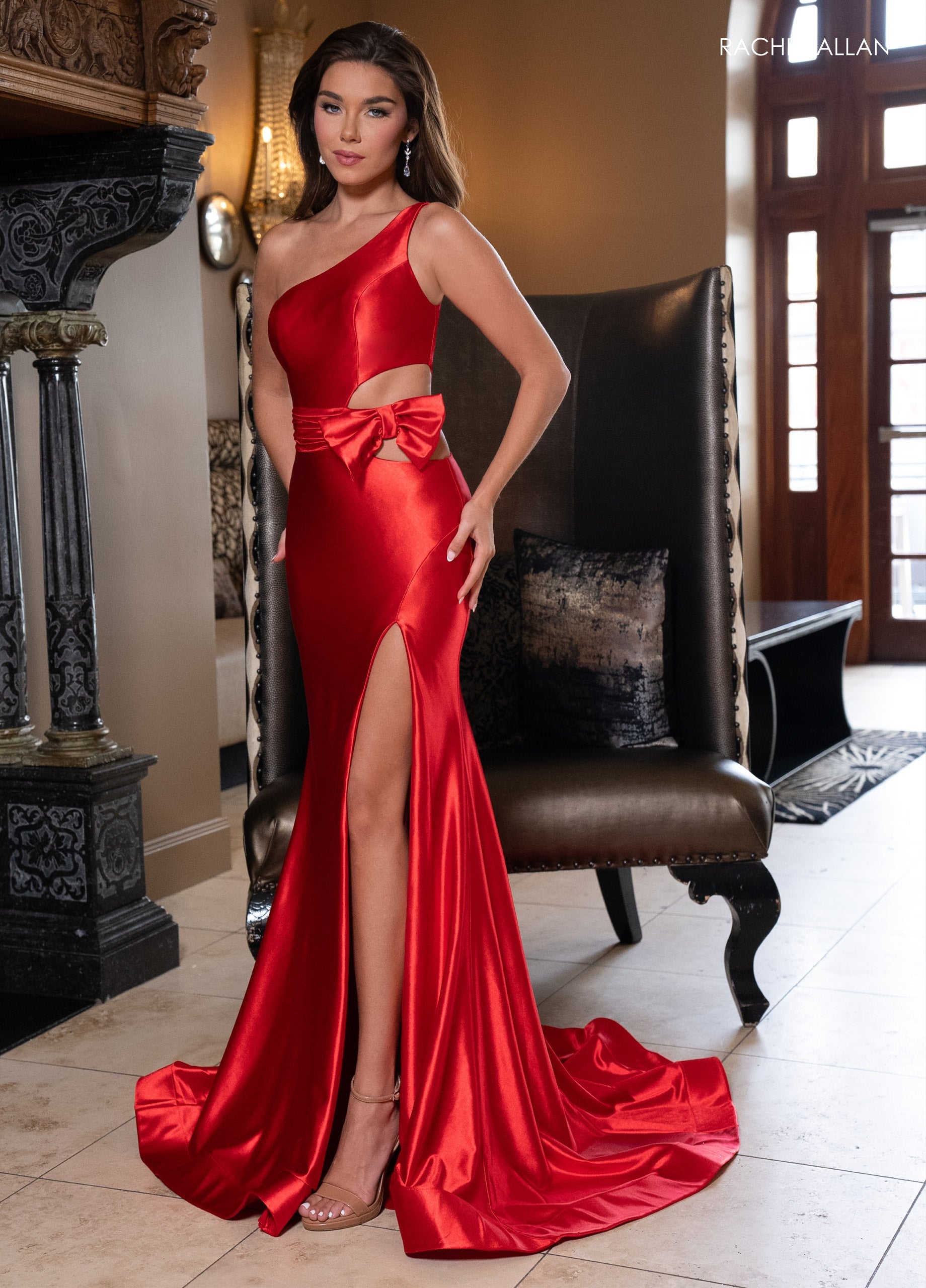 Rachel Allan 70736 Satin One Shoulder Slit Gown