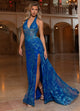 Rachel Allan 70746 Glitter Print Fitted Halter Slit Gown