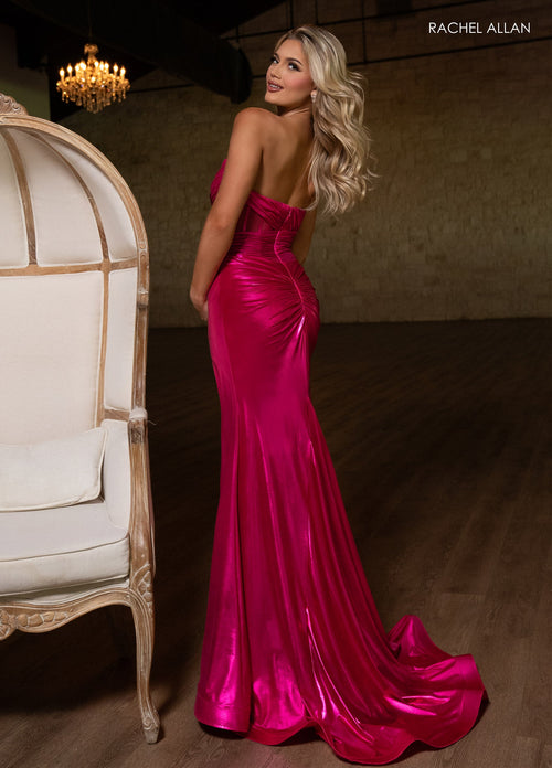 Rachel Allan 70751 Metallic Strapless Slit Gown