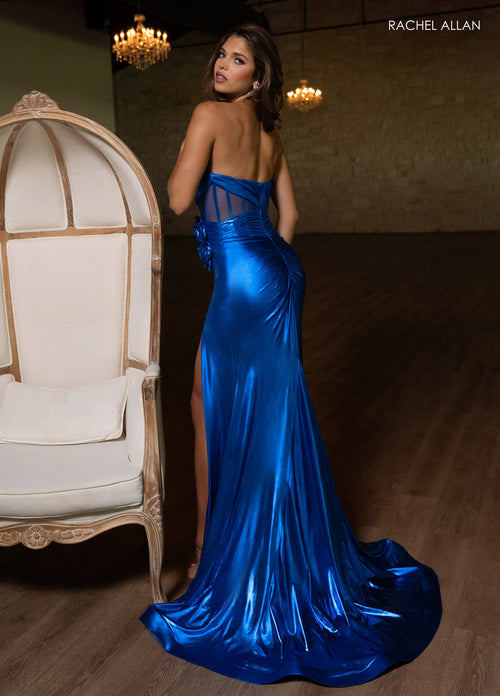 Rachel Allan 70751 Metallic Strapless Slit Gown