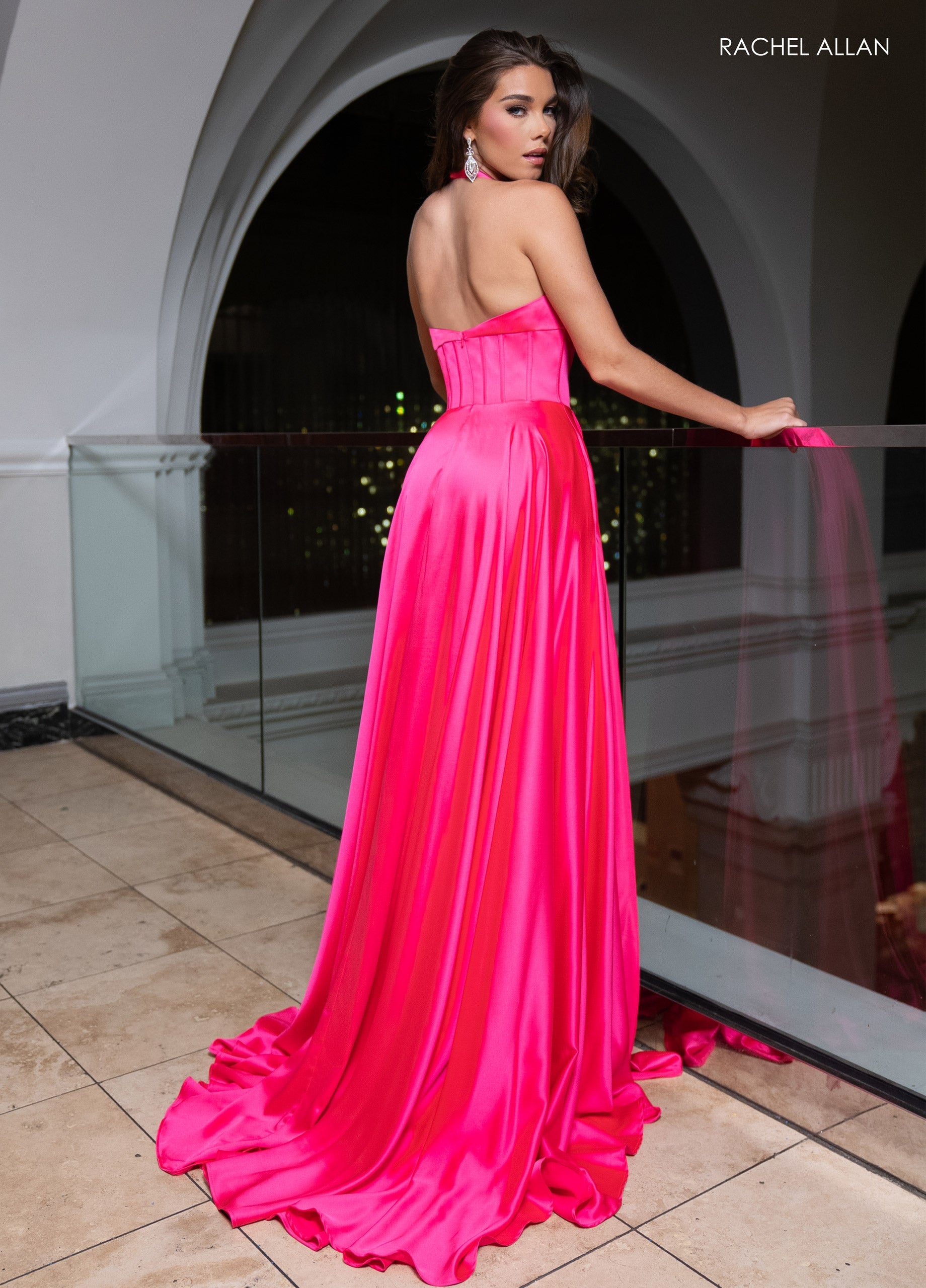 Rachel Allan 70757 Satin Halter A-line Slit Gown