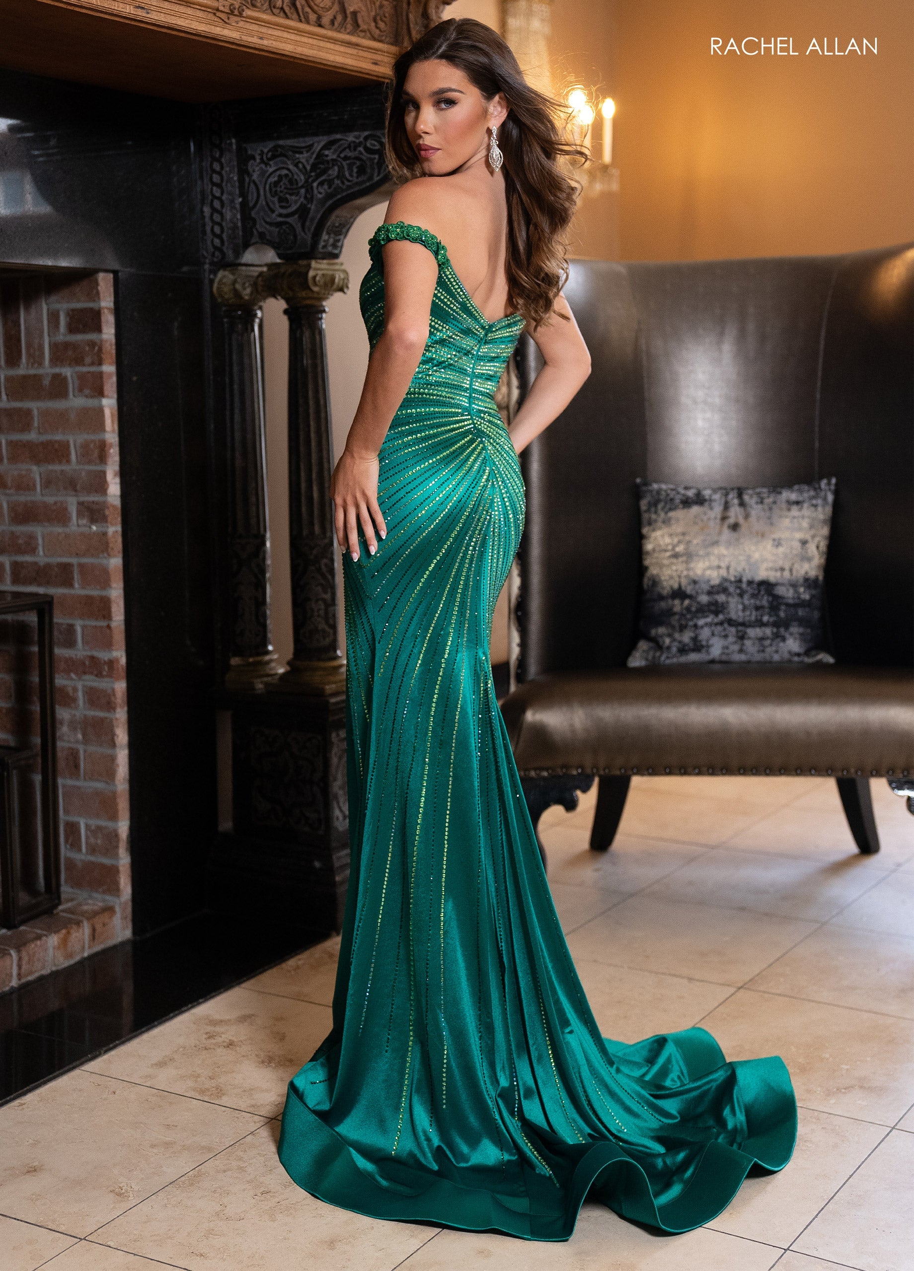 Rachel Allan 70766 3D Floral Off Shoulder Slit Gown