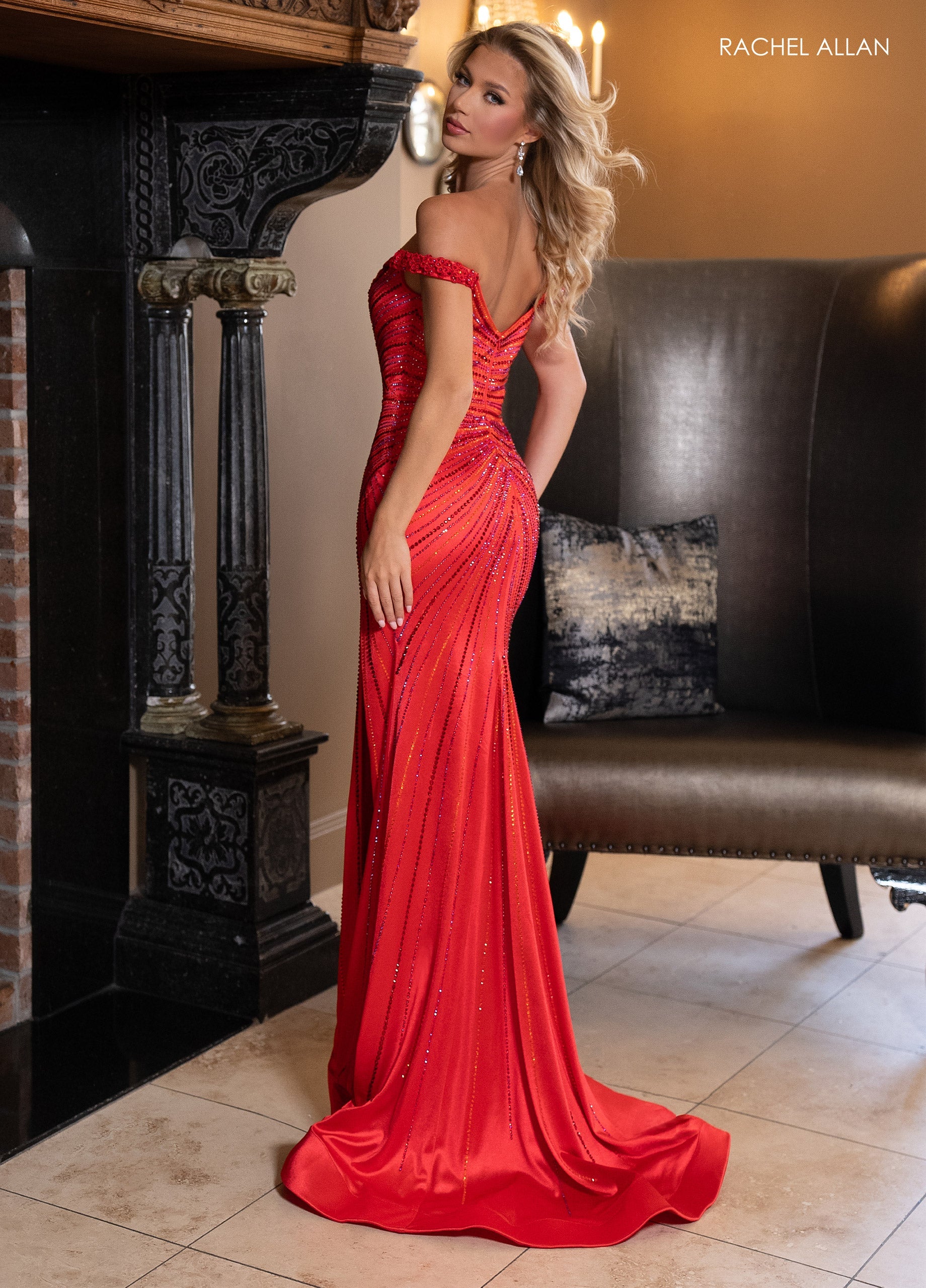 Rachel Allan 70766 3D Floral Off Shoulder Slit Gown