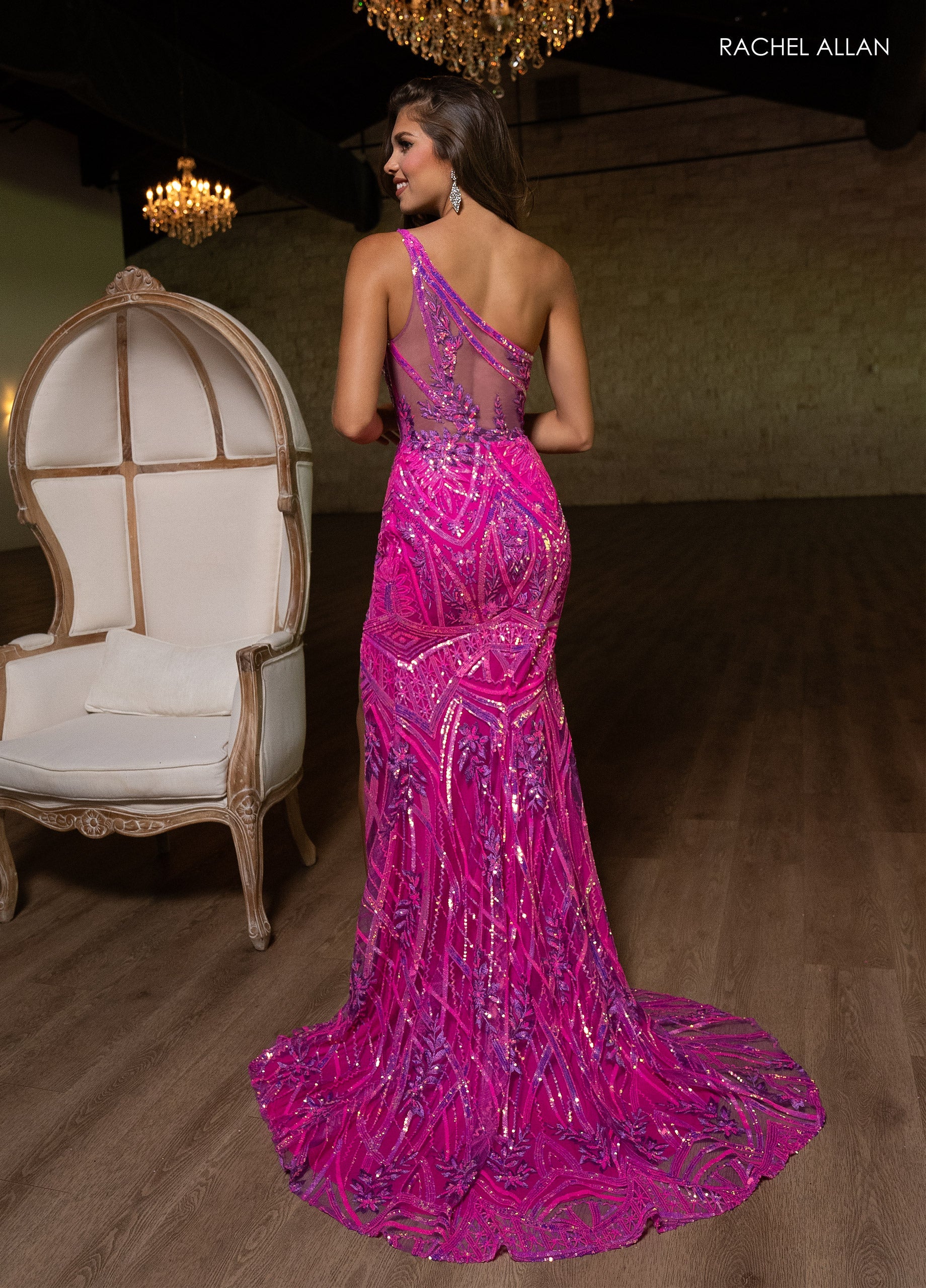 Rachel Allan 70772 Sequin One Shoulder Slit Gown
