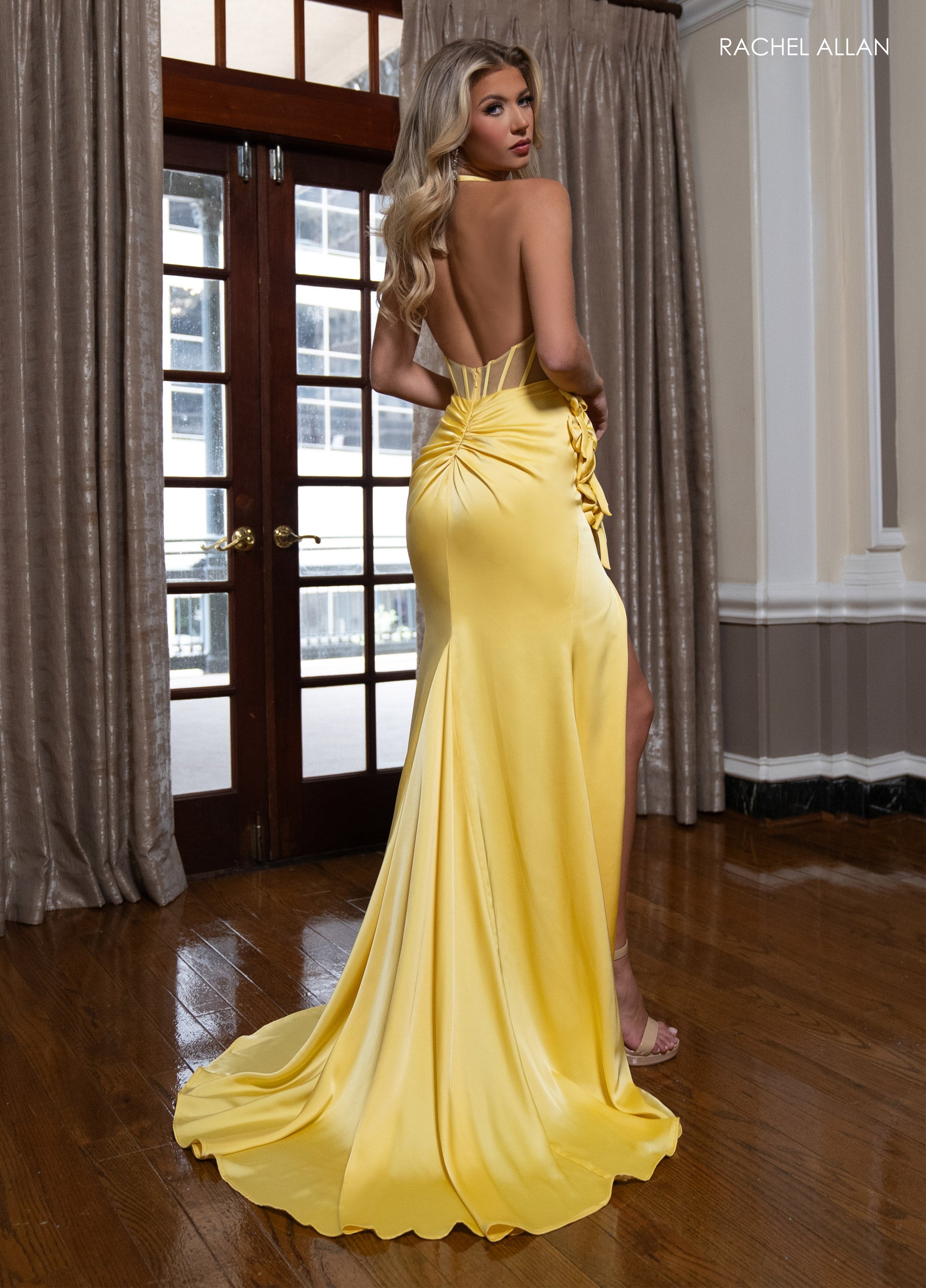 Rachel Allan 70786 Fitted Halter Corset Slit Gown