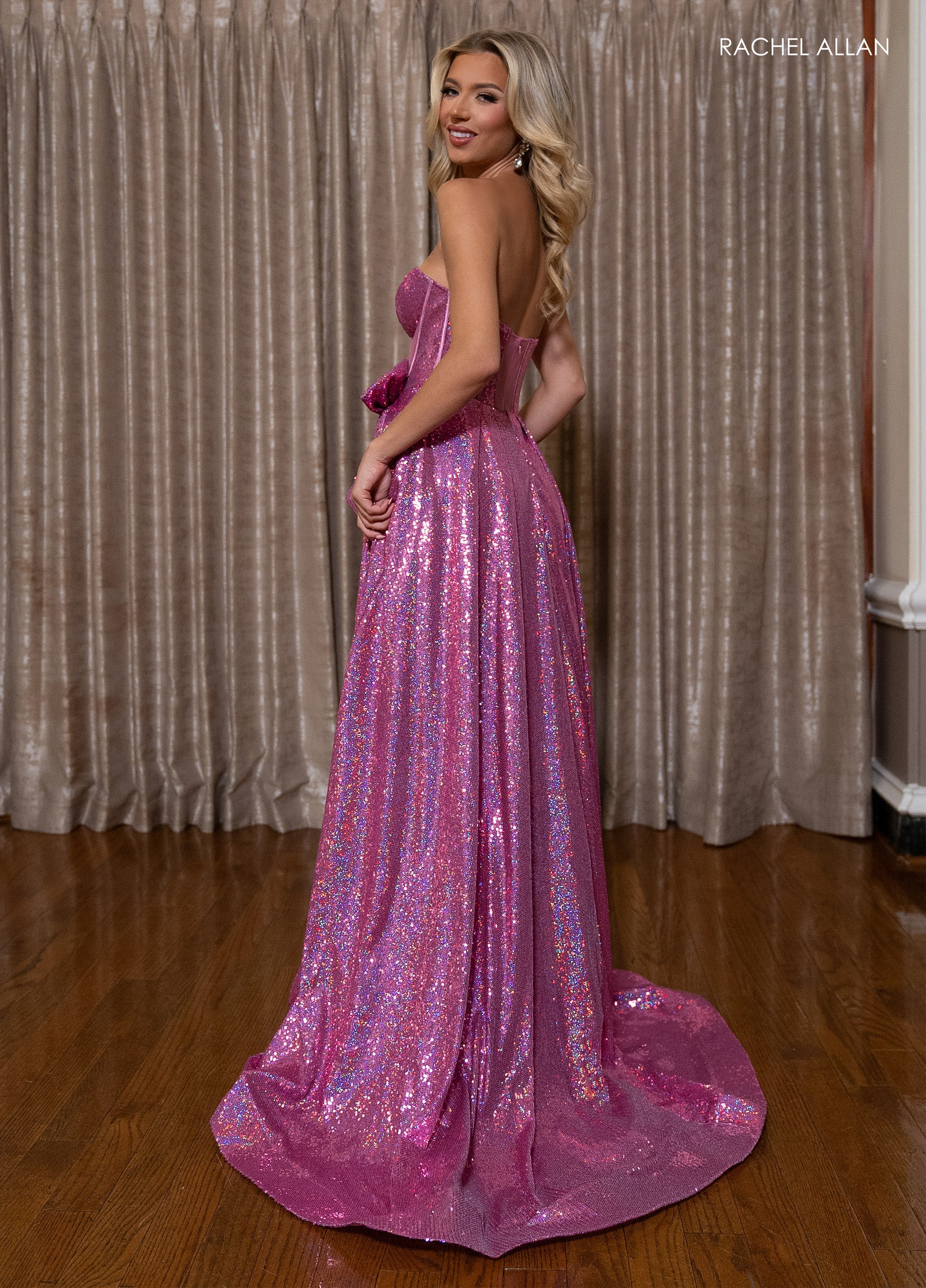 Rachel Allan 70791 Sequin Strapless A-line Slit Gown