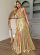 Rachel Allan 70793 Metallic Halter A-line Slit Gown