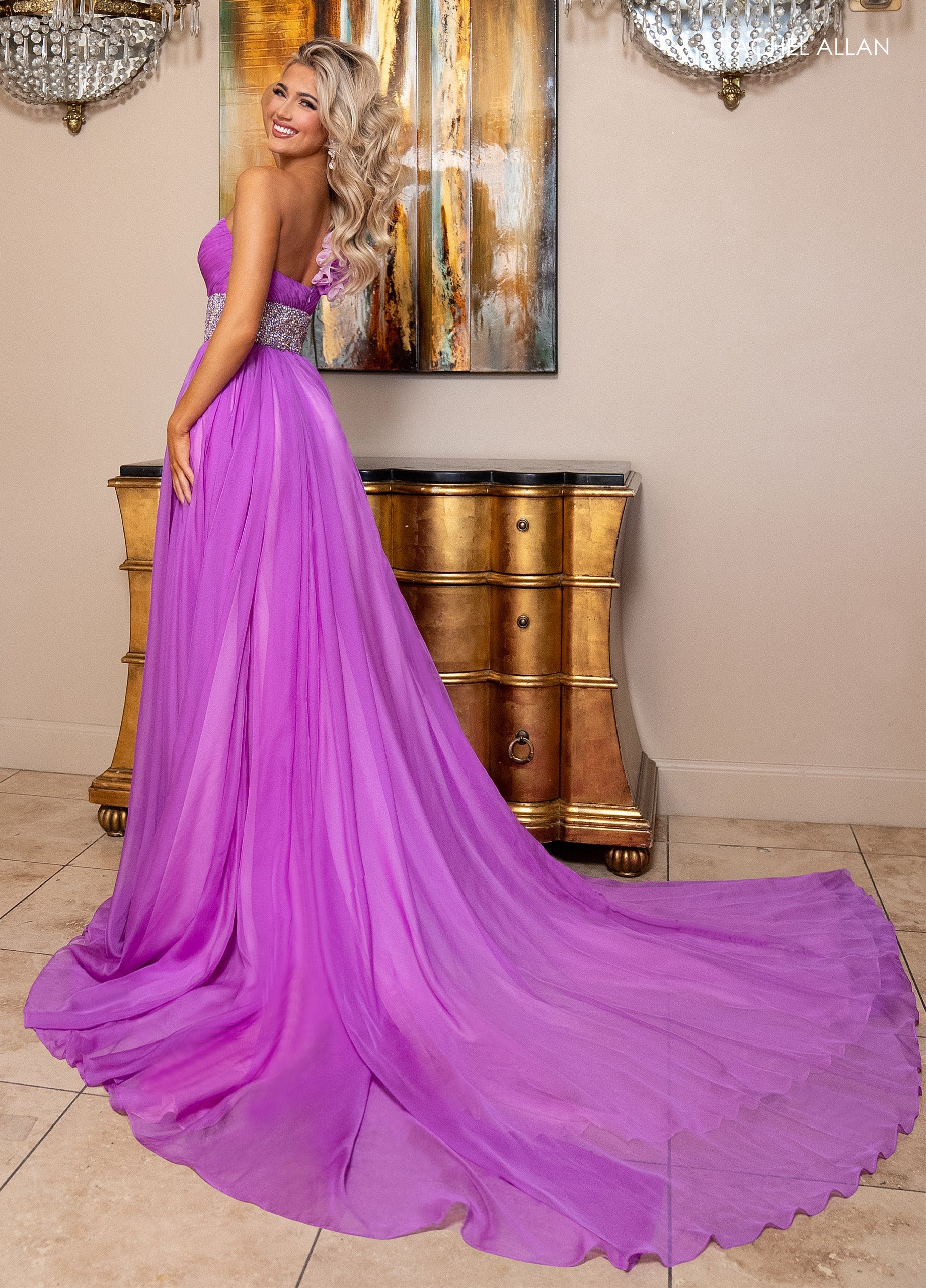 Rachel Allan 70827 One Shoulder A-line Slit Gown