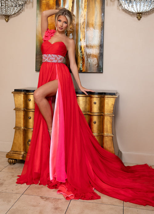 Rachel Allan 70827 One Shoulder A-line Slit Gown