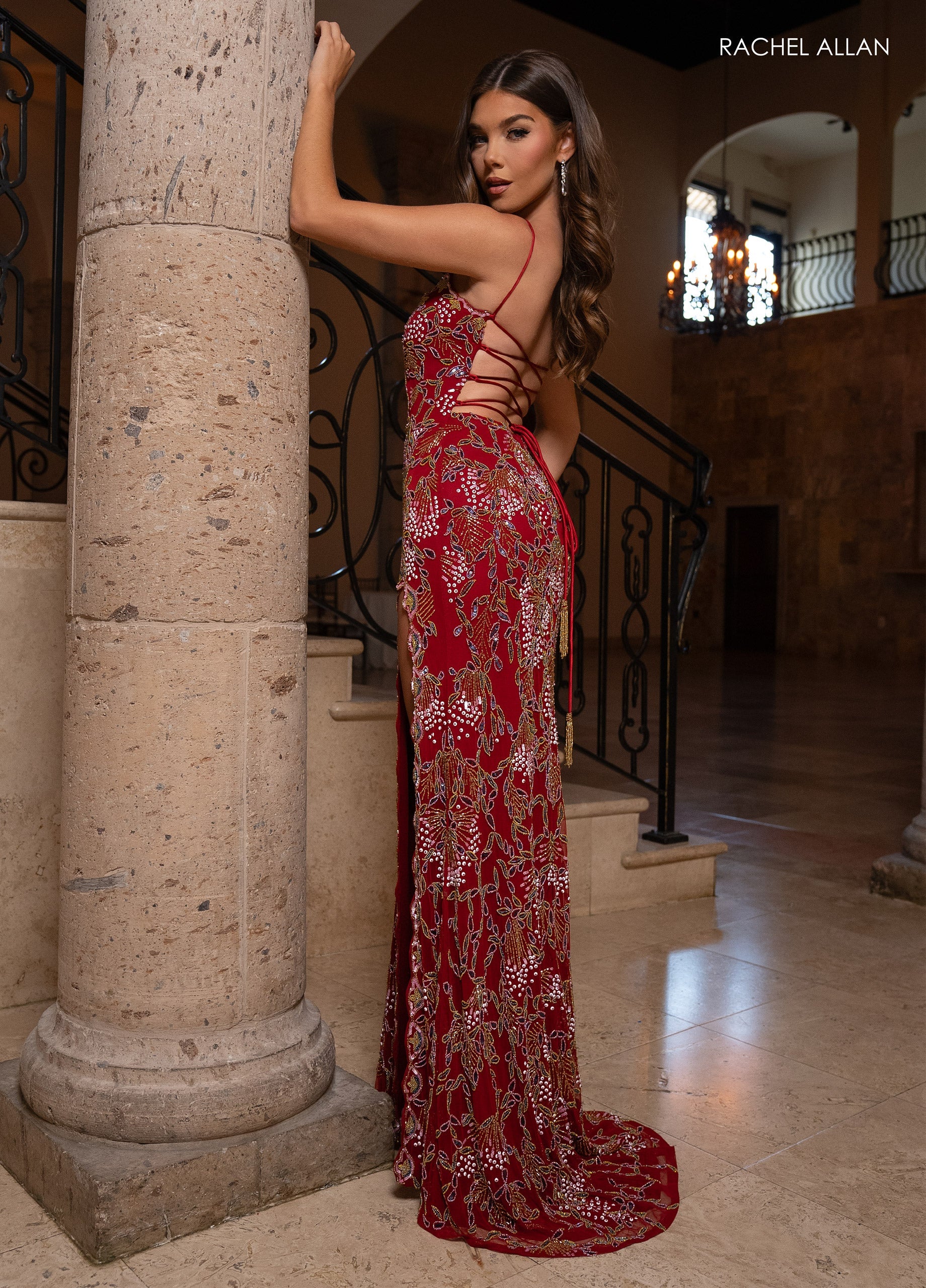 Rachel Allan 70831 Beaded Lace-Up Back Slit Gown