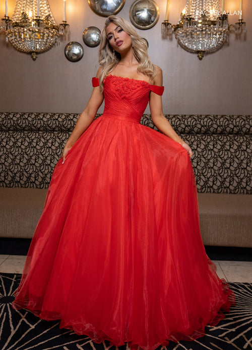 Rachel Allan 70865 Off Shoulder A-line Slit Gown