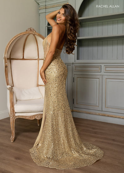 Rachel Allan 70872 Glitter Fitted V-Neck Slit Gown