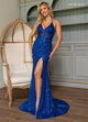 Rachel Allan 70872 Glitter Fitted V-Neck Slit Gown