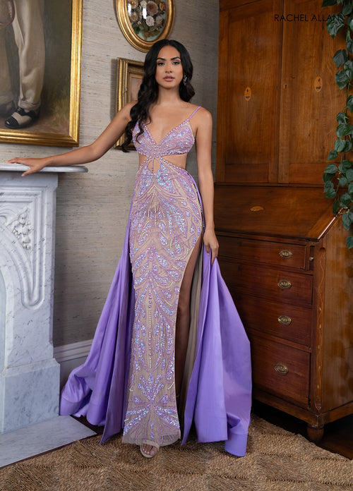 Cutout Overskirt Slit Gown by Rachel Allan 70929