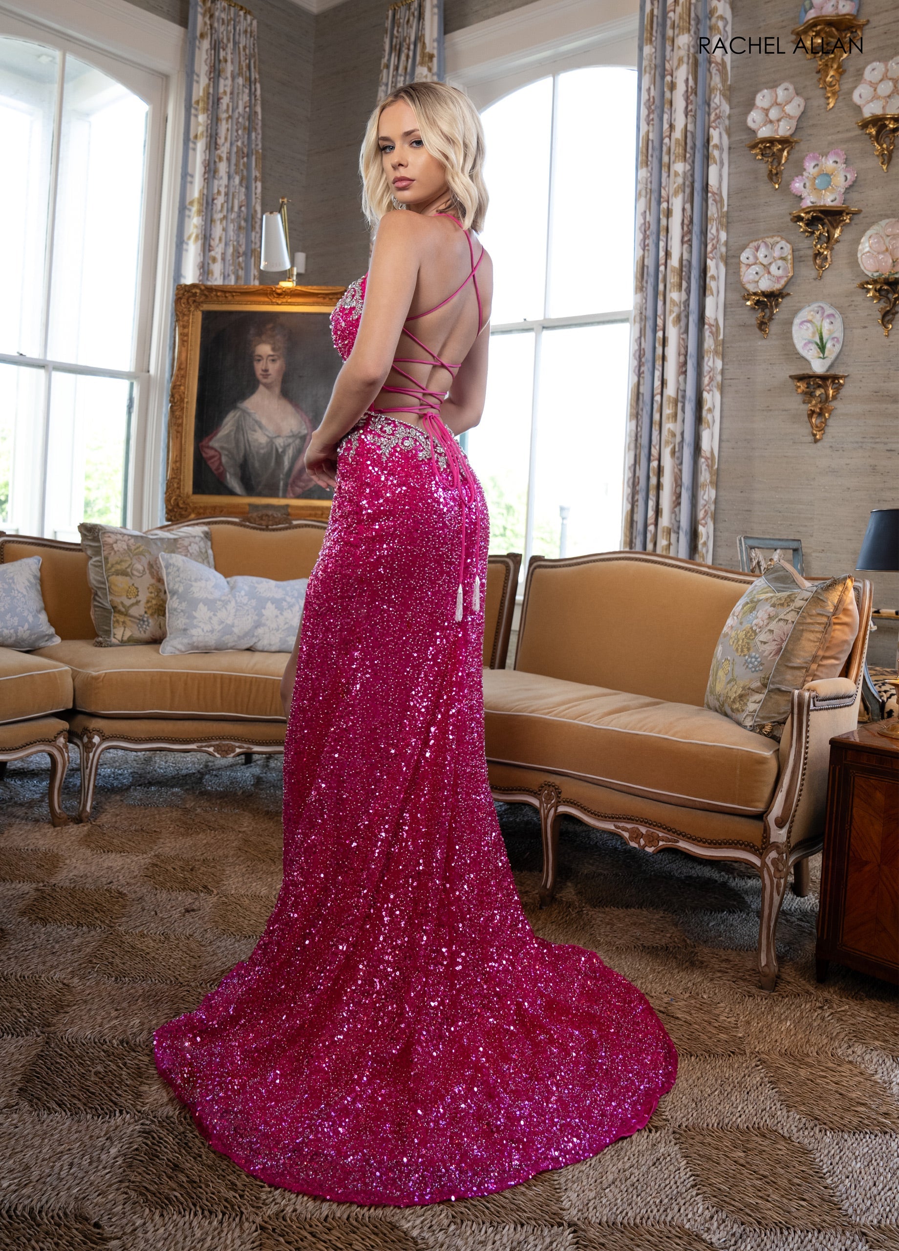 Beaded Strappy Back Slit Gown by Rachel Allan 70941