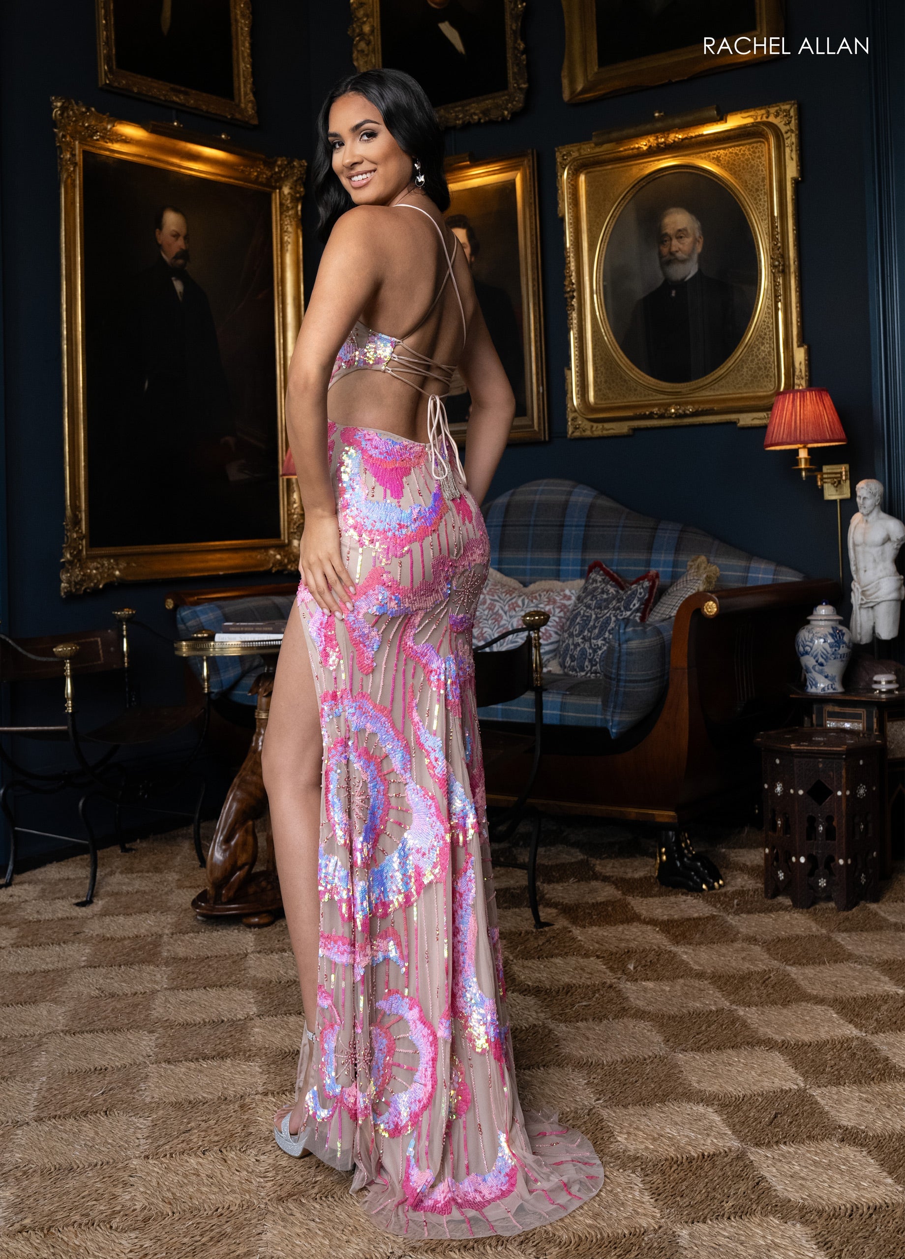 Sequin Strappy Back Slit Gown by Rachel Allan 70962