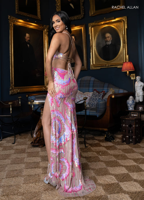 Sequin Strappy Back Slit Gown by Rachel Allan 70962