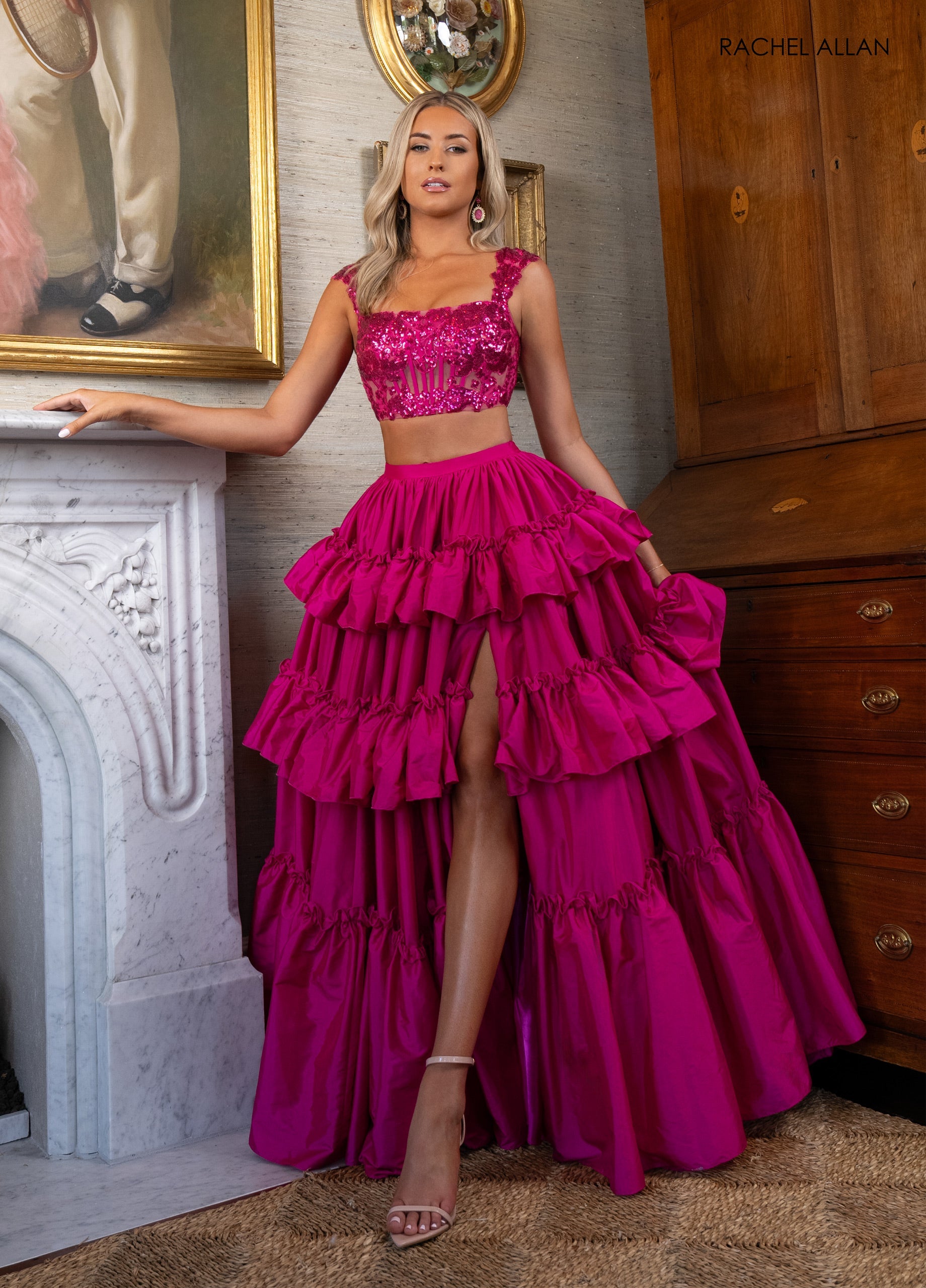 2 piece dresses 2-Piece Sleeveless Tiered Gown by Rachel Allan 70966 crochetcollection Who else LOVES a BUCKLE COLOR:Gold Sheen capitalizing on the heavy