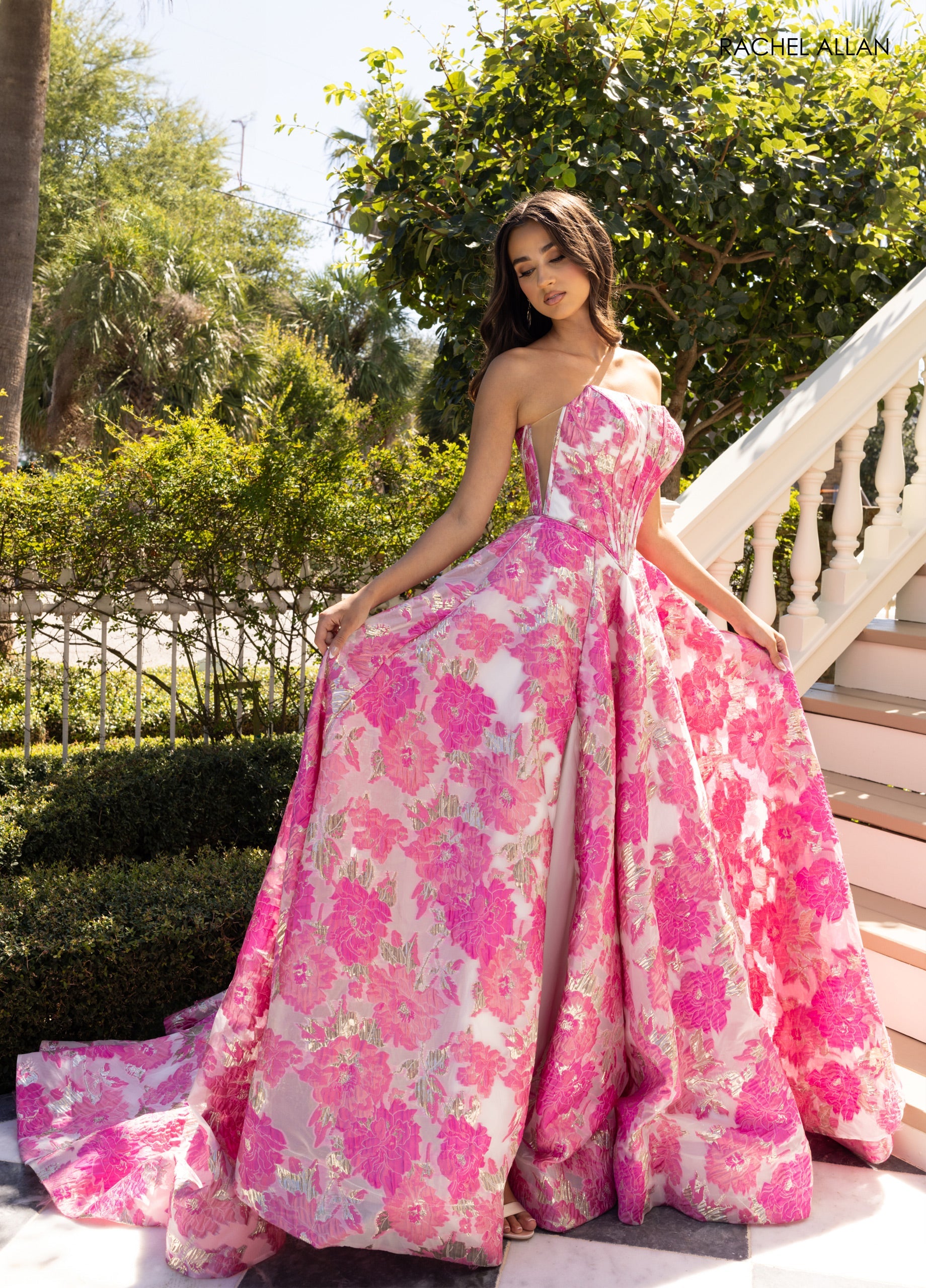 Print Strapless A-line Slit Gown by Rachel Allan 70975