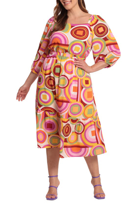 Donna Morgan D8417M Cream Orange Abstract Print 3/4 Sleeve Midi Dress