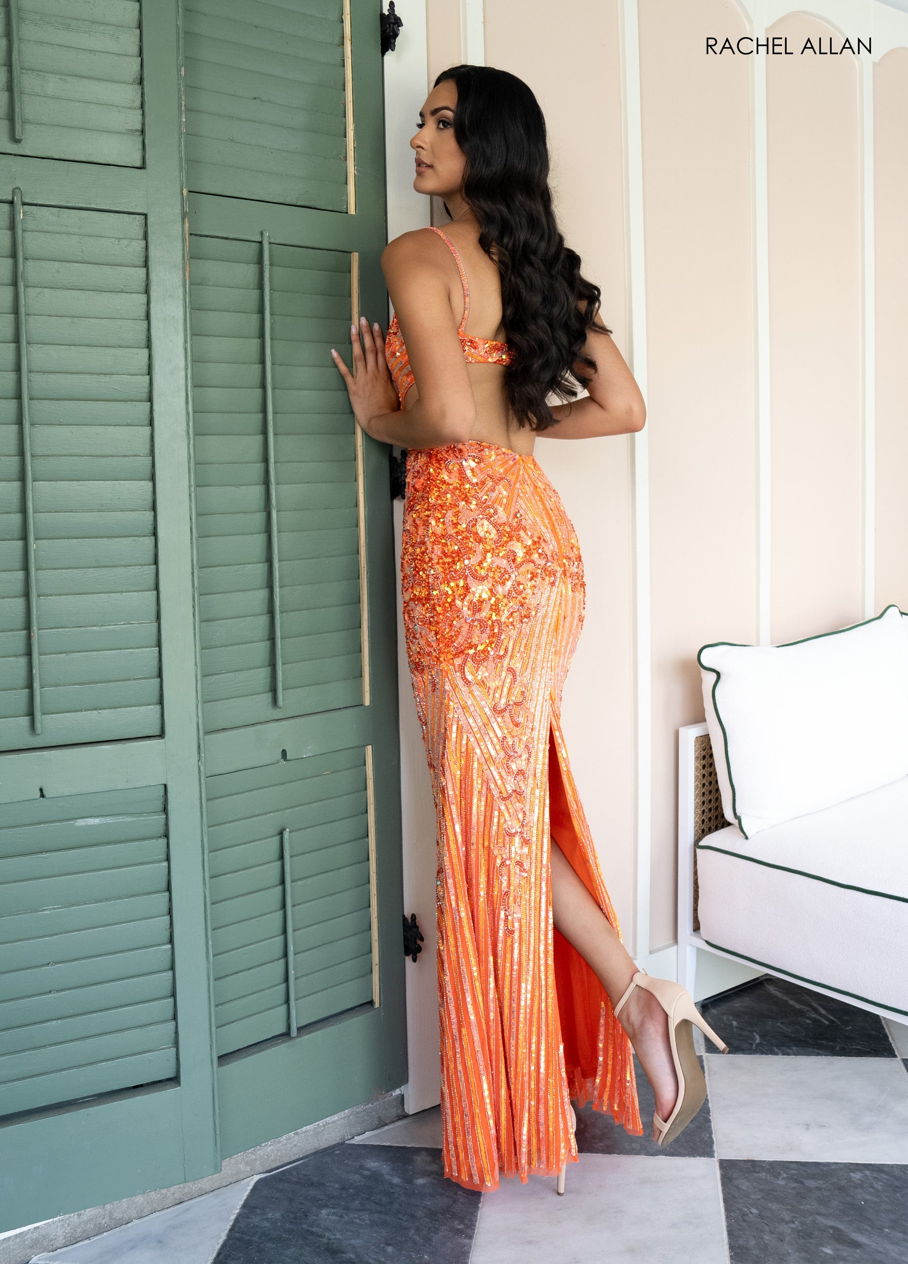 Sequin Sleeveless Slit Gown by Rachel Allan 71007