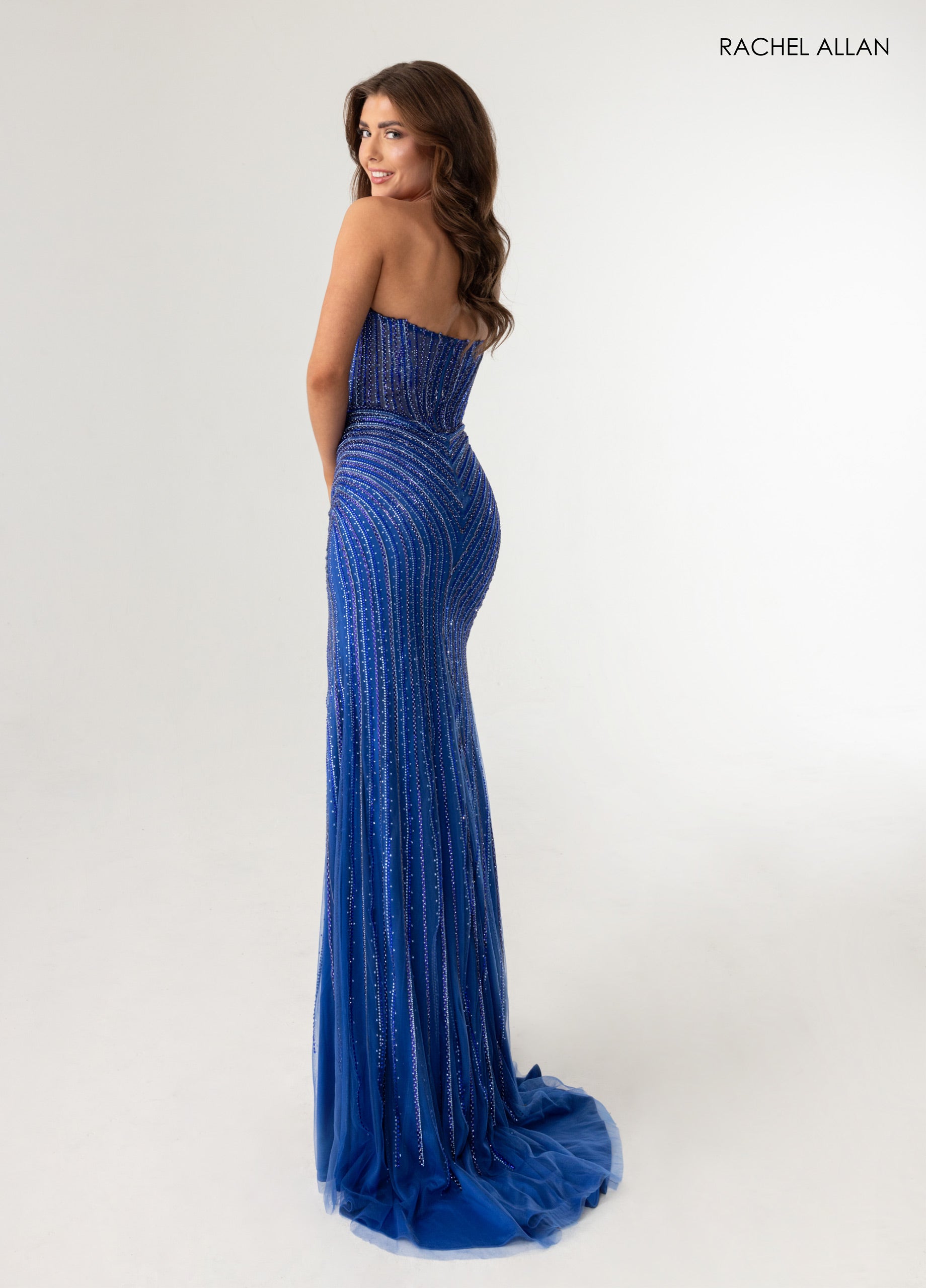 Beaded Halter Prom Dress with Corset Bodice High Slit & Sweep Train by Rachel Allan 71025