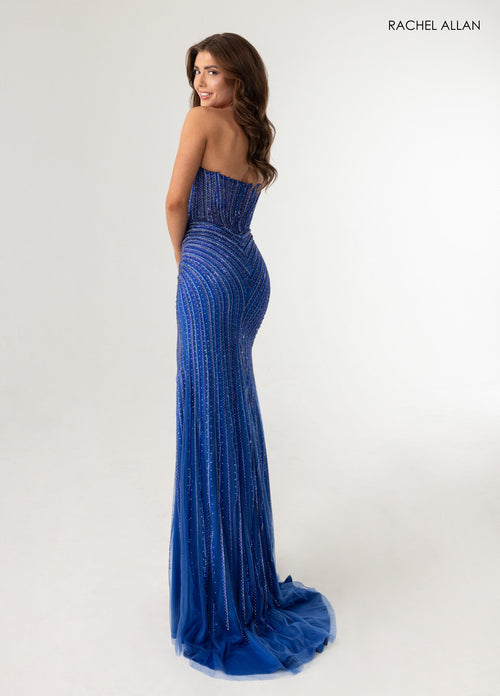 Beaded Halter Prom Dress with Corset Bodice High Slit & Sweep Train by Rachel Allan 71025