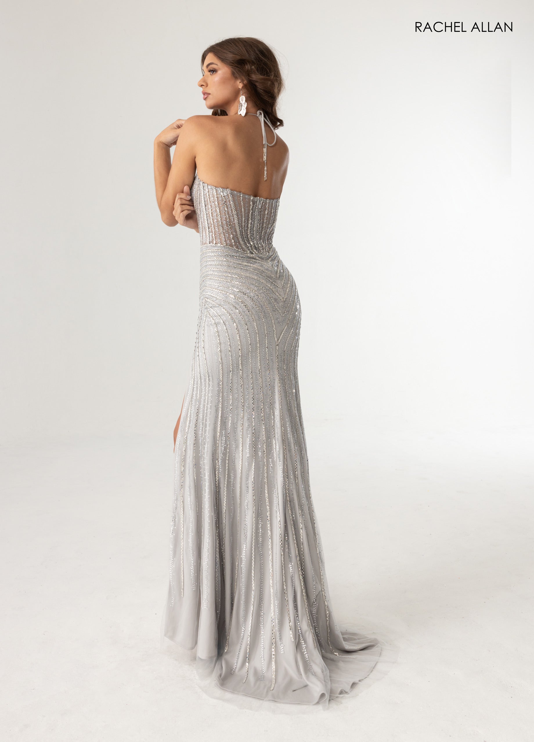 Beaded Halter Prom Dress with Corset Bodice High Slit & Sweep Train by Rachel Allan 71025