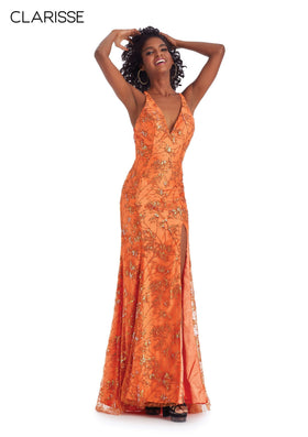 Clarisse 7157 V-Neck Lace Prom Dress with Strappy Back
