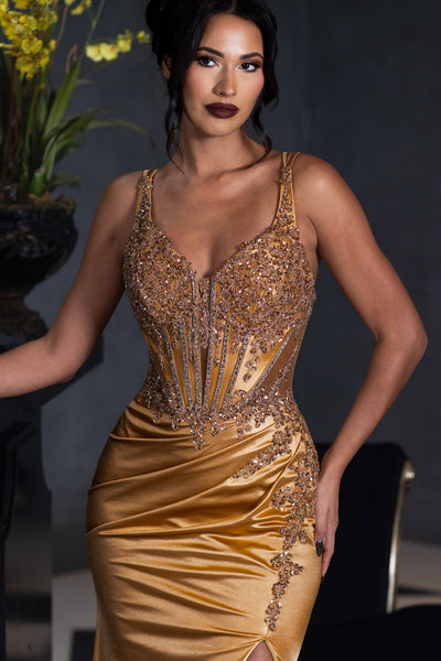 Beaded Corset Satin Evening Gown with High Slit Elegant Formal Prom Dress by Lenovia 8481