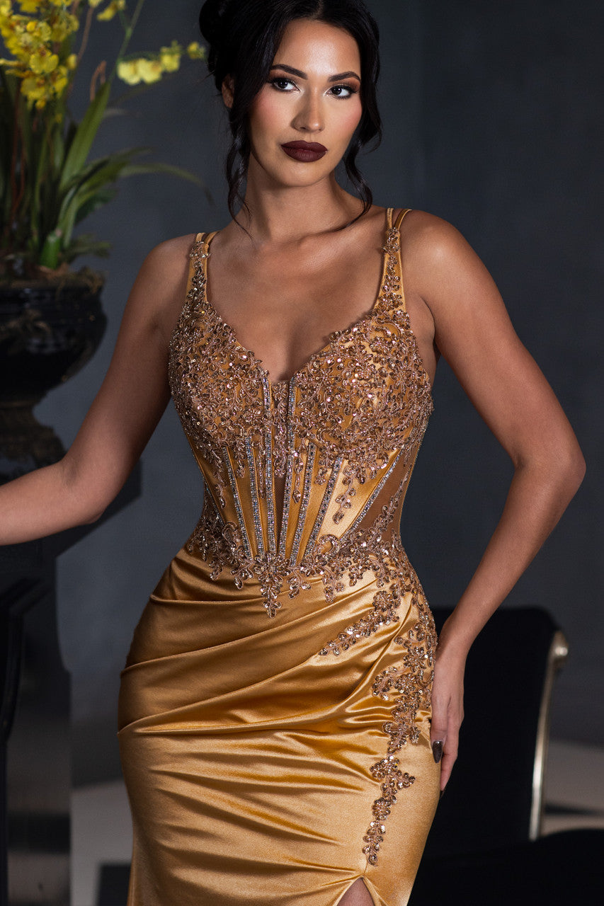 Beaded Corset Satin Evening Gown with High Slit Elegant Formal Prom Dress by Lenovia 8481