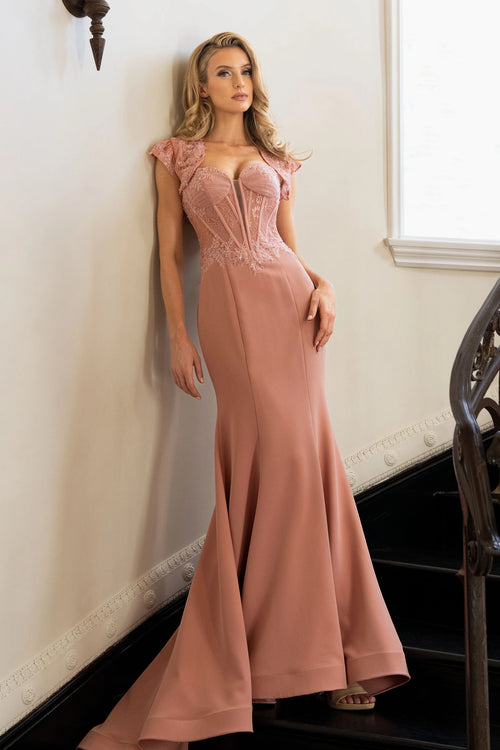 Sweetheart Lace Corset Mermaid Prom Evening Gown with Cap Sleeve Bolero Jacket by Lenovia 8508