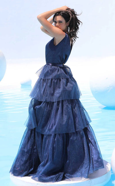 Jessica Angel JA731 Deep V-Neck Sleeveless A-Line V-Back Glitter Tulle Dress