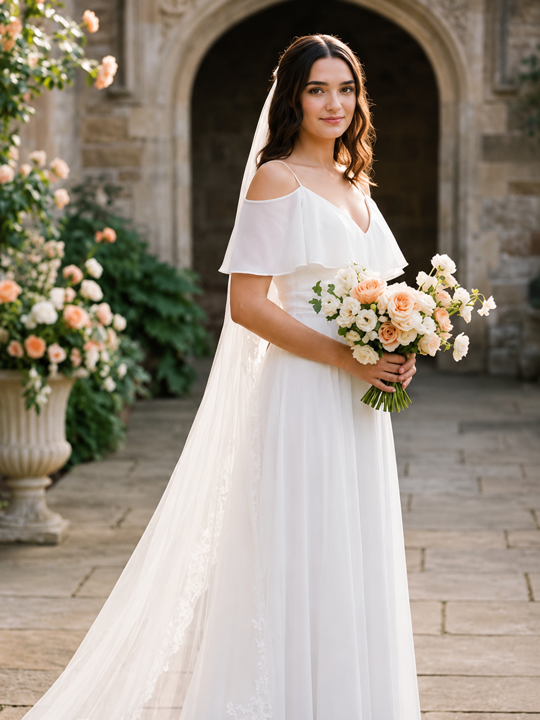 Cold-Shoulder Chiffon Wedding Gown with Ruffle Bodice by Eva USA 3263