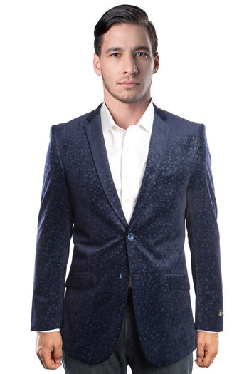 Blazer de terciopelo con dos botones y estampado de tejido para hombre en azul marino