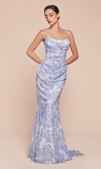 Ladivine 7445 Strapless Floral Print Mermaid Gown – Blue