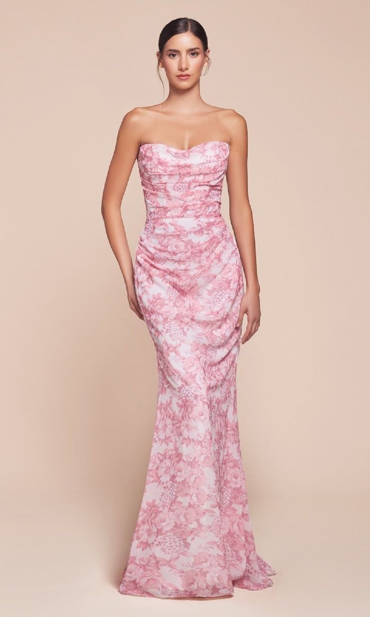 Ladivine 7445 Strapless Floral Print Mermaid Gown – Blue