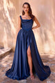 Ladivine 7446 A-Line Fitted Bodice Cowl Neckline Satin Dress