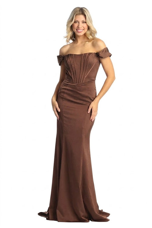 Off-Shoulder Corset Bodice Sheath Dress Long Evening Gown with Sweep Train by May Queen MQ1909