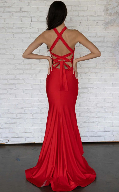 Jessica Angel JA745 Halter Fitted Open Back Lace-Up Back Ruched Jersey Dress