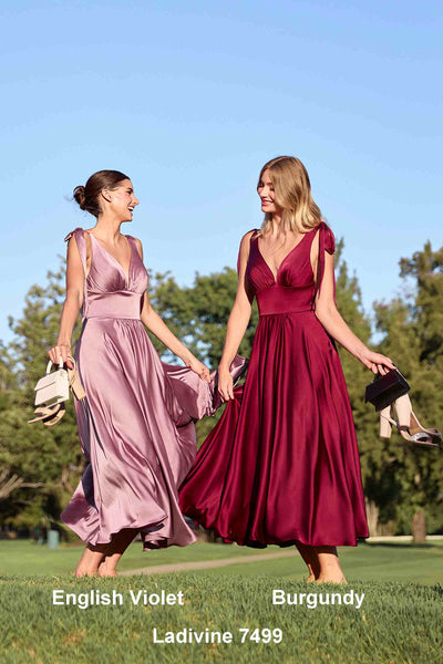 Ladivine 7499 Satin A-Line Dress in Burgundy